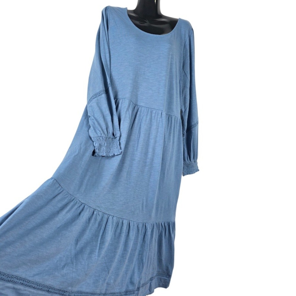 Canyon Retreat Tiered Maxi Dress Womens 1X Blue Crochet Lace Long Sleeve Boho